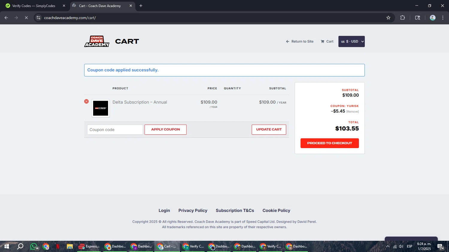 Coach Dave Academy coupon code screenshot showing code yuri5k applied at Coach Dave Academy checkout page. Uploaded by SimplyCodes community member ShrewdSeeker6165 on Jul 1, 2025