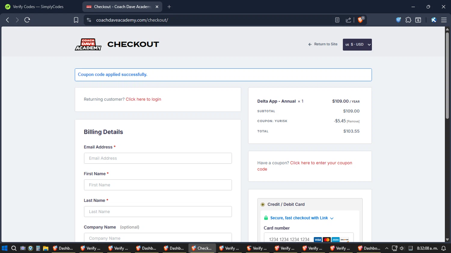 Coach Dave Academy coupon code screenshot showing code yuri5k applied at Coach Dave Academy checkout page. Uploaded by SimplyCodes community member TreasureExpert3303 on Dec 22, 2025