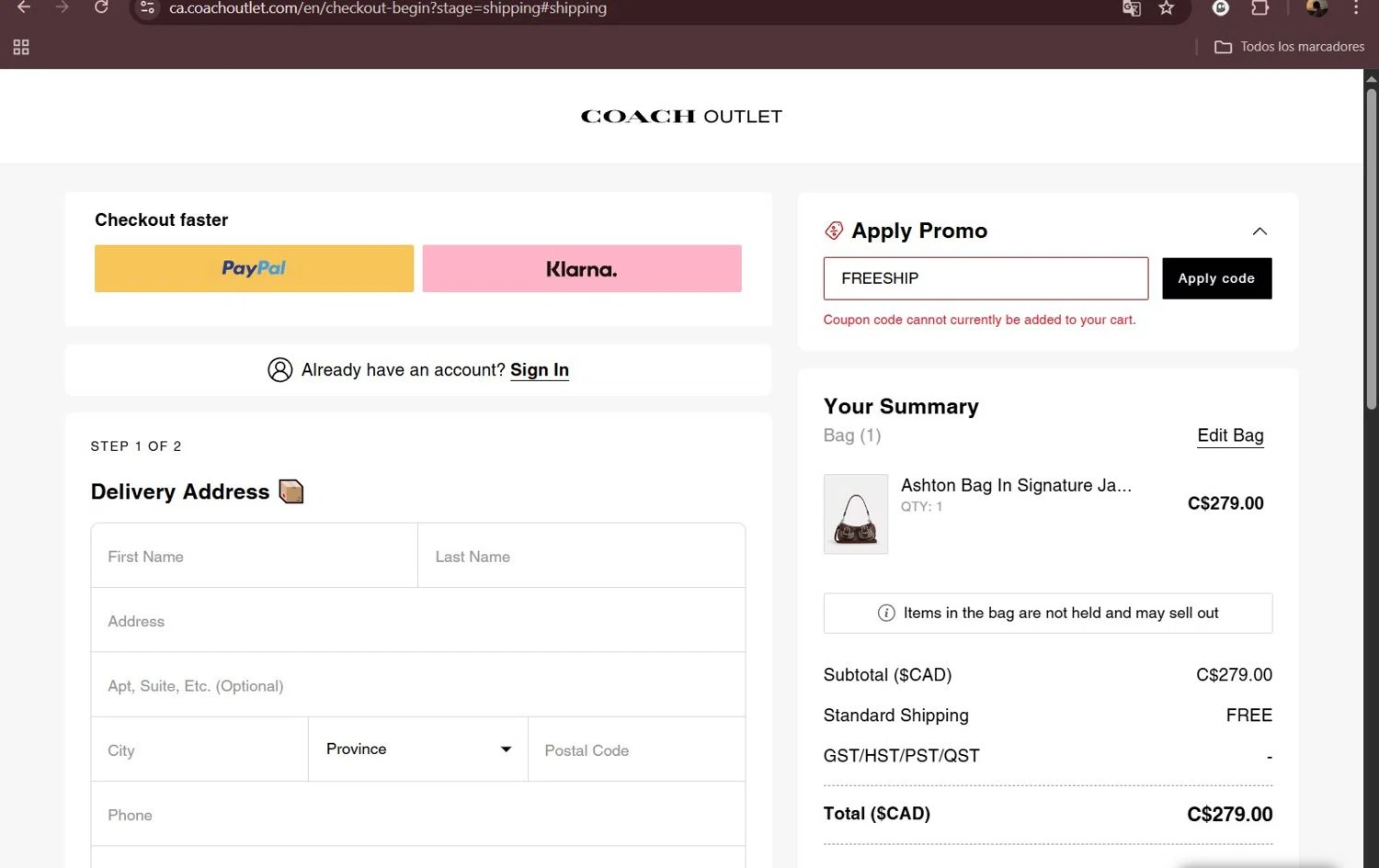 Coach Outlet promo code screenshot showing code FREESHIP applied at Coach Outlet checkout page. Uploaded by SimplyCodes community member Milaya on Aug 25, 2025