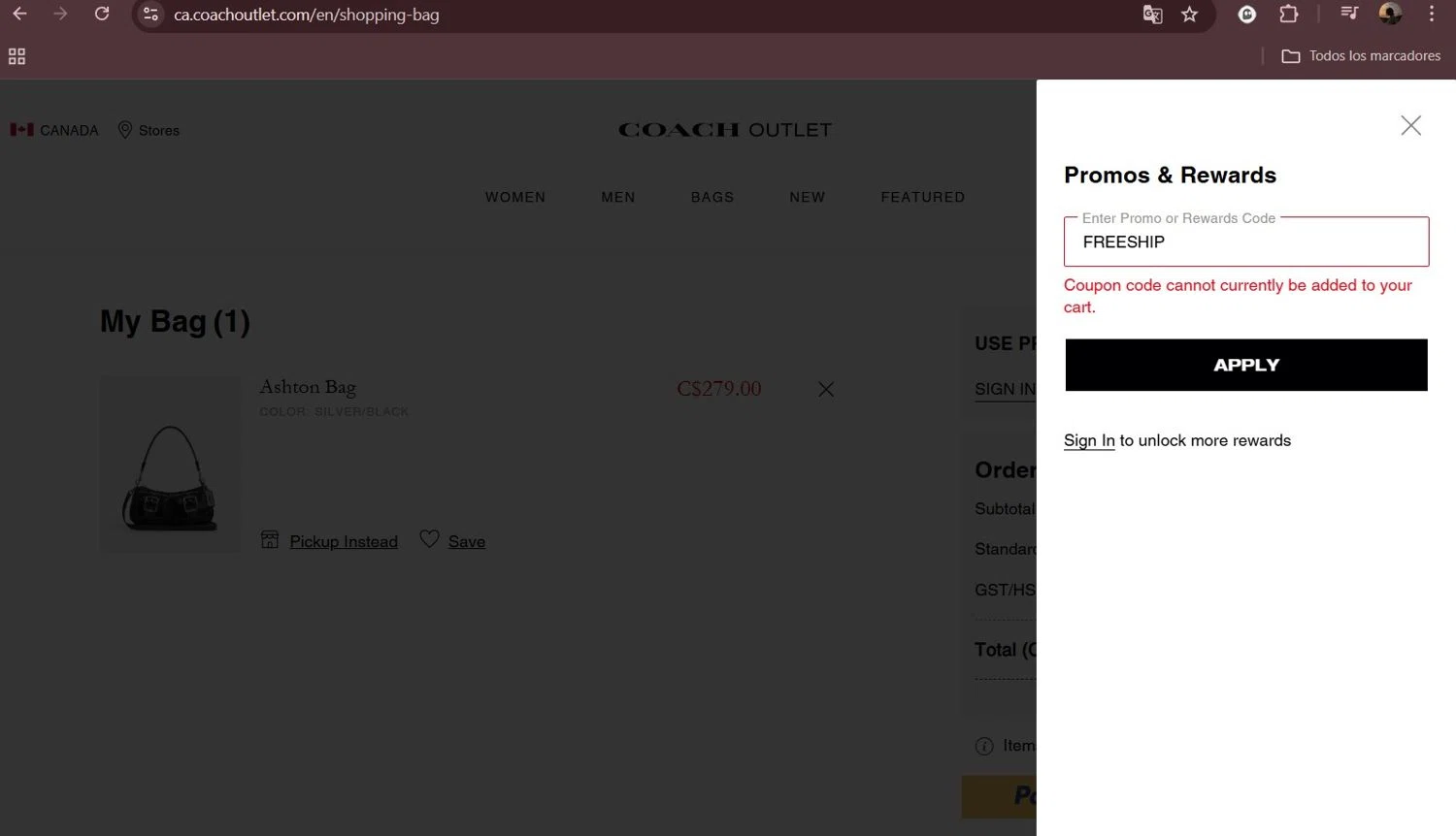 Coach Outlet promo code screenshot showing code FREESHIP applied at Coach Outlet checkout page. Uploaded by SimplyCodes community member Milaya on Aug 19, 2025