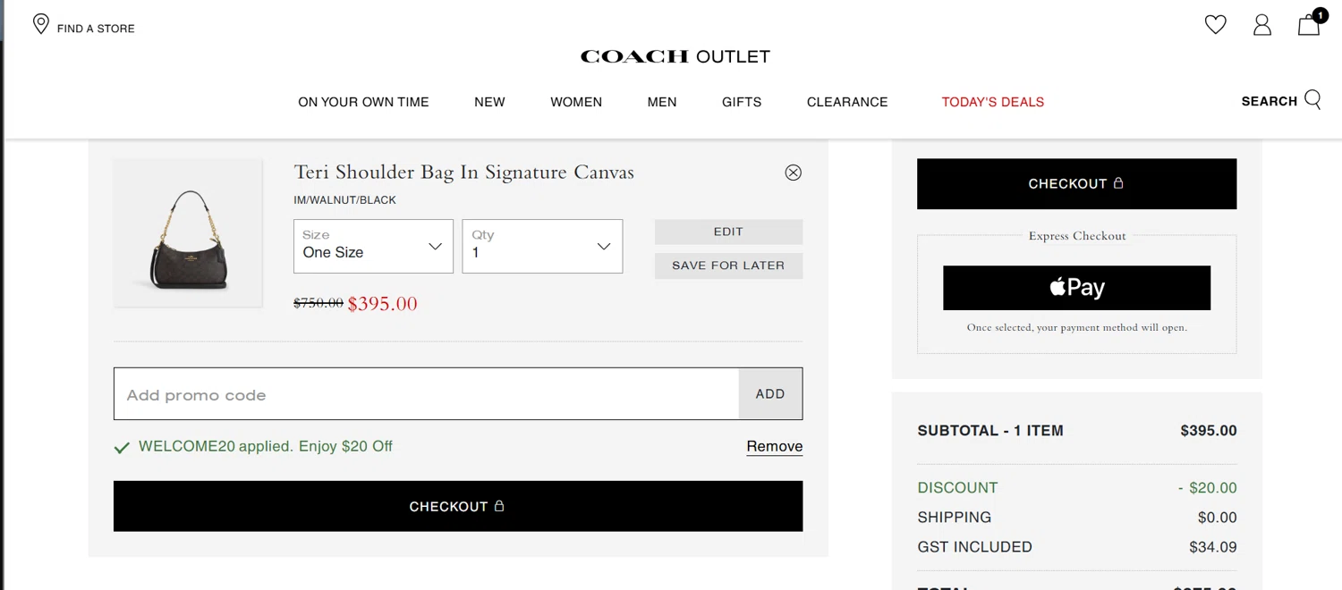 Coach Outlet promo code screenshot showing code welcome20 applied at Coach Outlet checkout page. Uploaded by SimplyCodes community member Lisboa on Aug 22, 2025