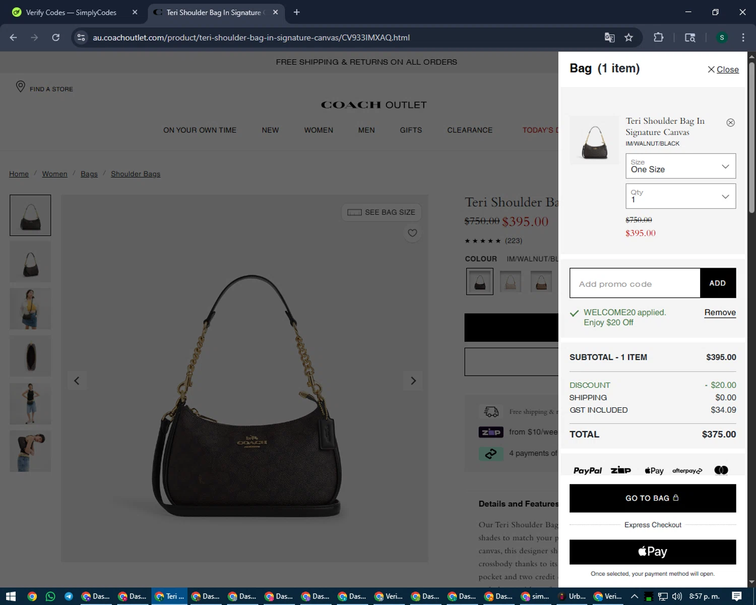 Coach Outlet promo code screenshot showing code welcome20 applied at Coach Outlet checkout page. Uploaded by SimplyCodes community member lilMosey on Aug 25, 2025