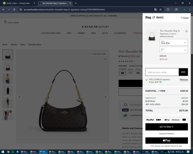 Coach Outlet checkout page showing Coach Outlet promo code box | Screenshot taken by SimplyCodes community member on Aug 25, 2025