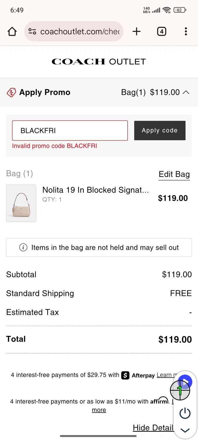 Coach Outlet promo code screenshot showing code BLACKFRI applied at Coach Outlet checkout page. Uploaded by SimplyCodes community member Esteban14 on May 27, 2025