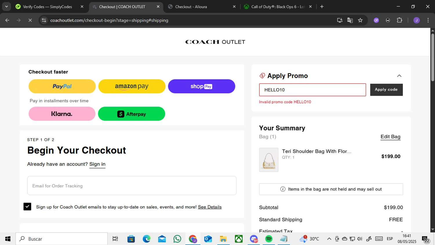 Coach Outlet promo code screenshot showing code HELLO10 applied at Coach Outlet checkout page. Uploaded by SimplyCodes community member ENCARAMESSI on May 8, 2025