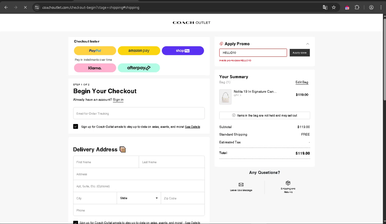 Coach Outlet promo code screenshot showing code HELLO10 applied at Coach Outlet checkout page. Uploaded by SimplyCodes community member Wilmitus on Apr 5, 2025