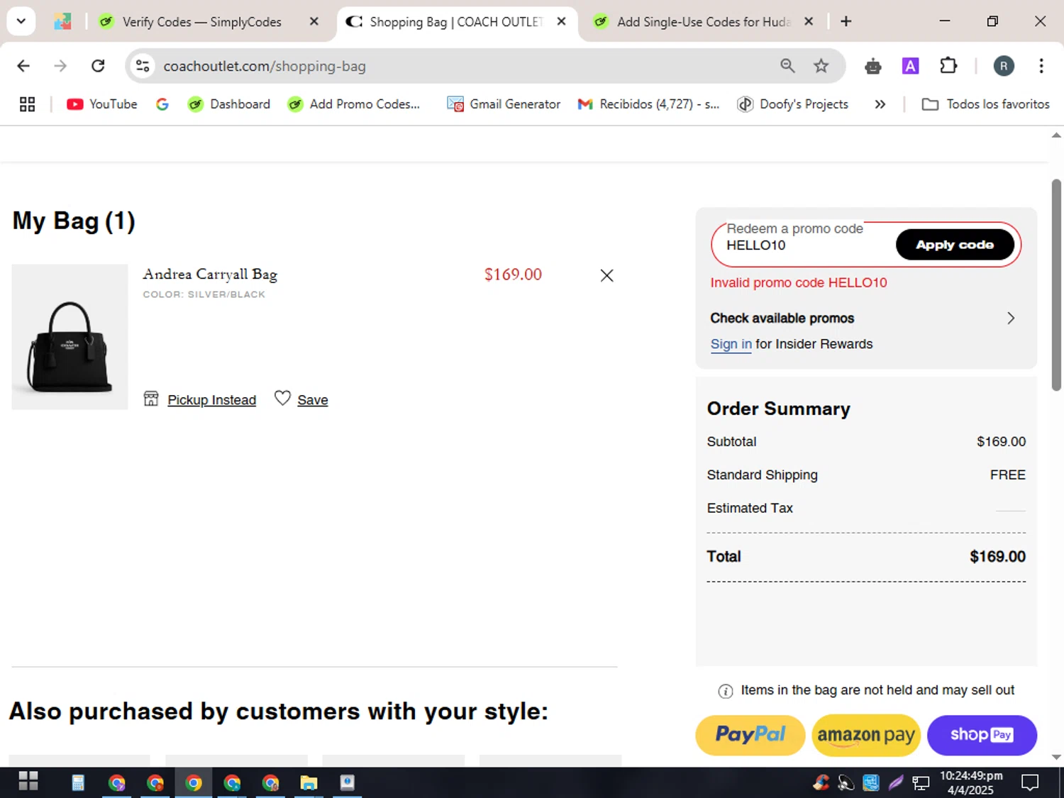 Coach Outlet promo code screenshot showing code HELLO10 applied at Coach Outlet checkout page. Uploaded by SimplyCodes community member PennyWizard7963 on Apr 5, 2025