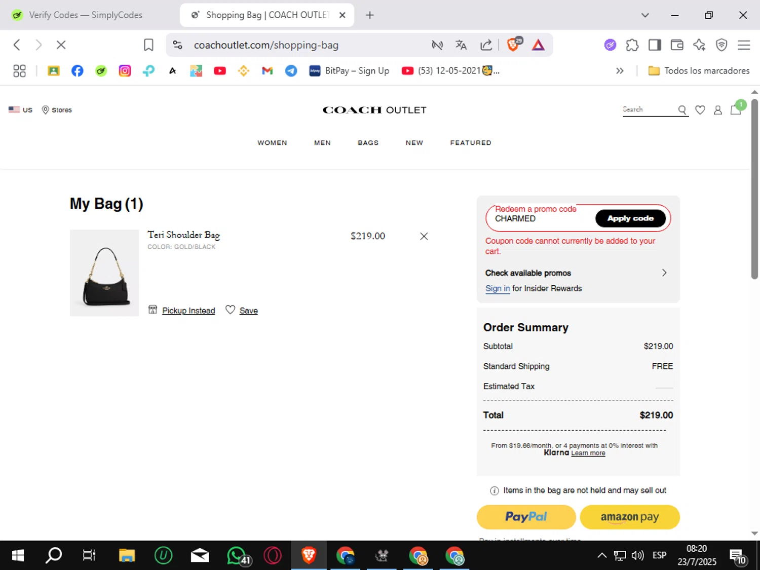 Coach Outlet promo code screenshot showing code CHARMED applied at Coach Outlet checkout page. Uploaded by SimplyCodes community member Sungjinwoo on Jul 23, 2025