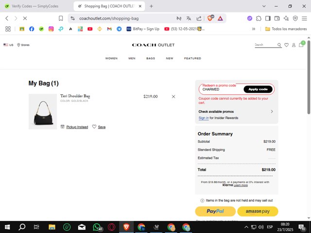 Coach Outlet checkout page showing Coach Outlet promo code box | Screenshot taken by SimplyCodes community member on Jul 23, 2025