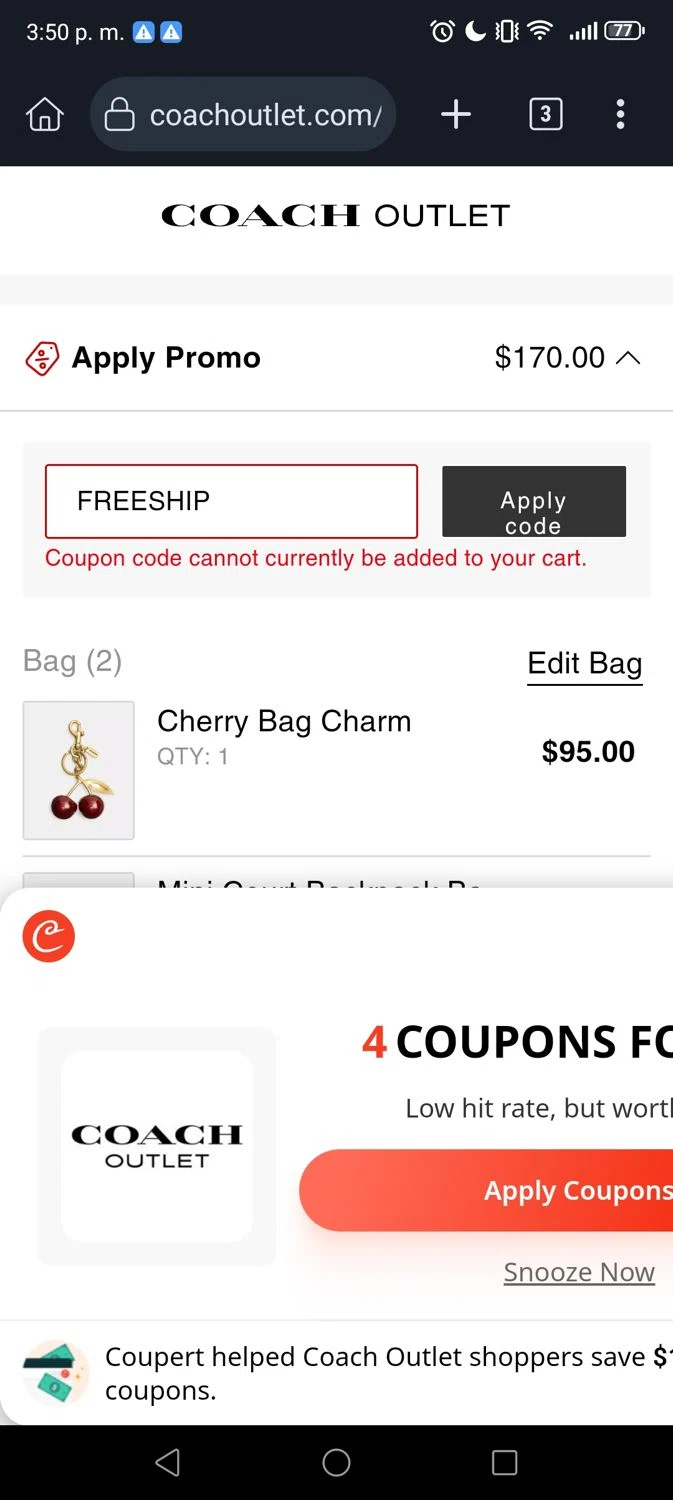 Coach Outlet promo code screenshot showing code FREESHIP applied at Coach Outlet checkout page. Uploaded by SimplyCodes community member Divino1 on Aug 19, 2025