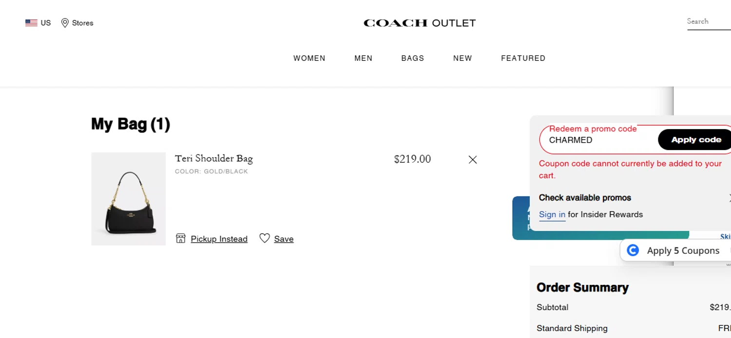 Coach Outlet promo code screenshot showing code CHARMED applied at Coach Outlet checkout page. Uploaded by SimplyCodes community member ricardoramirez1 on Jul 23, 2025
