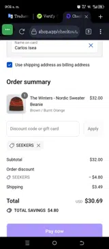 SEEKERS coupon verification screenshot