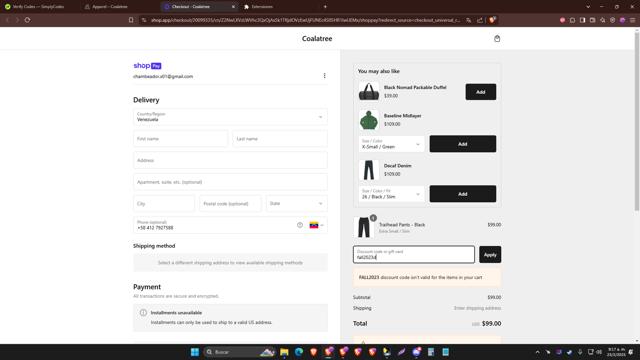 Coalatree Organics checkout page showing Coalatree Organics promo code box | Screenshot taken by SimplyCodes community member on Feb 23, 2025