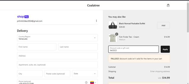 Coalatree Organics checkout page showing Coalatree Organics promo code box | Screenshot taken by SimplyCodes community member on Mar 4, 2025