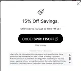 SPIRIT15OFF coupon verification screenshot