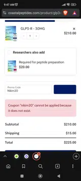 Coastal Peptides coupon verification screenshot