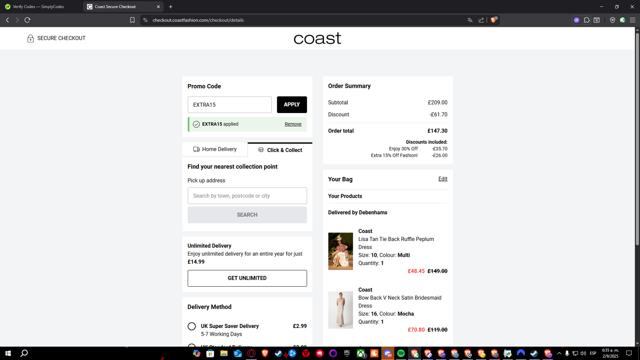 Coast checkout page showing Coast discount code box | Screenshot taken by SimplyCodes community member on Sep 2, 2025