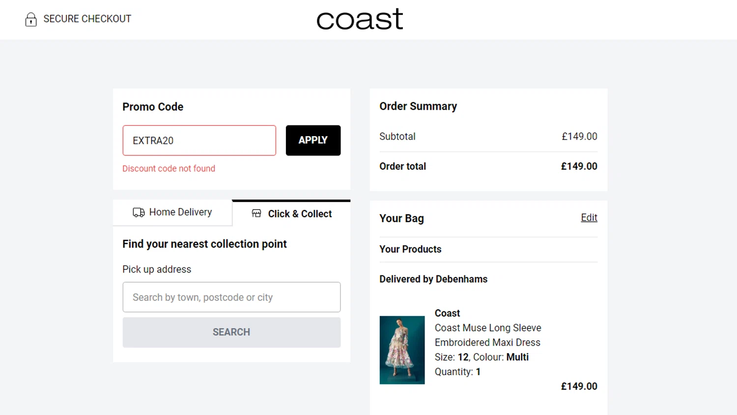 Coast discount code screenshot showing code EXTRA20 applied at Coast checkout page. Uploaded by SimplyCodes community member Josecaste on Aug 27, 2025