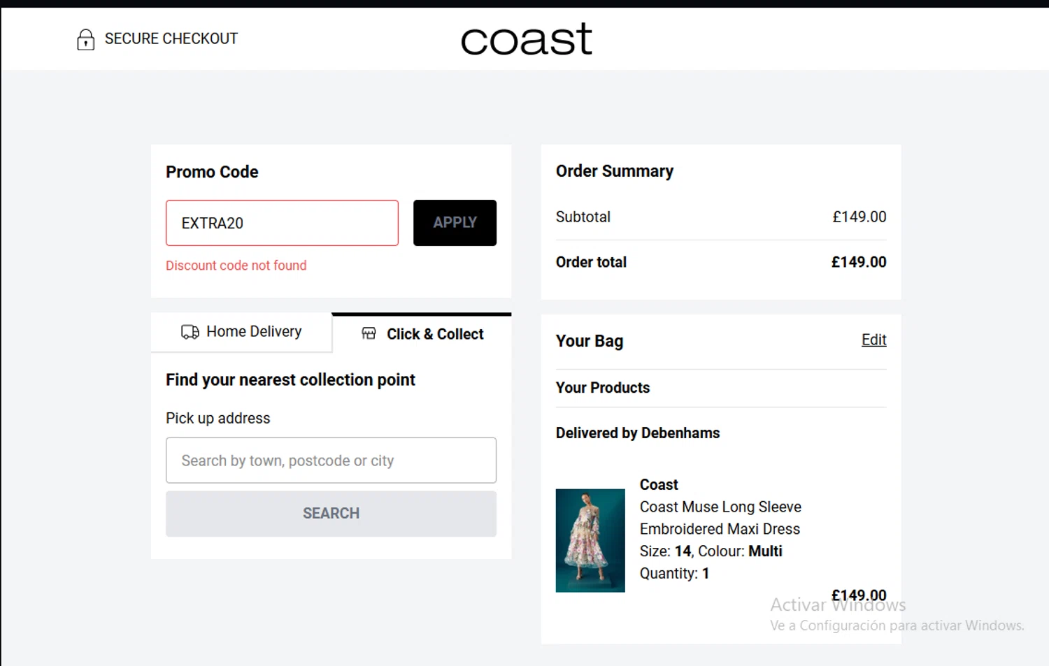 Coast discount code screenshot showing code EXTRA20 applied at Coast checkout page. Uploaded by SimplyCodes community member Lestara_23 on Aug 27, 2025