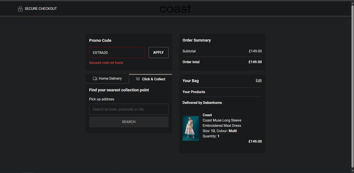 Coast discount code screenshot showing code EXTRA20 applied at Coast checkout page. Uploaded by SimplyCodes community member Nor_man on Aug 27, 2025