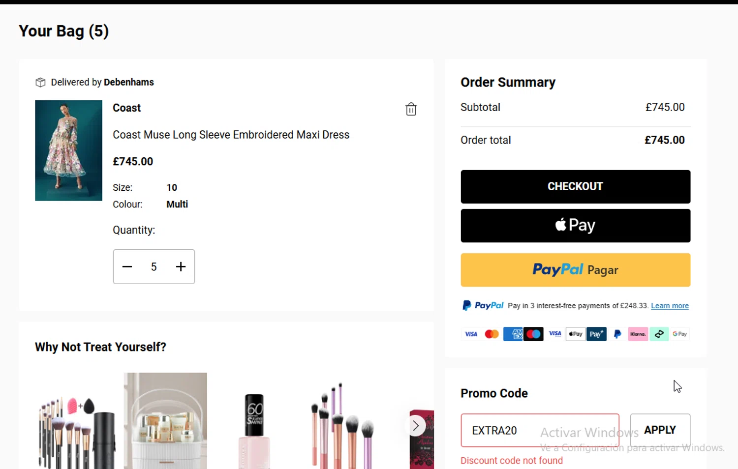 Coast discount code screenshot showing code EXTRA20 applied at Coast checkout page. Uploaded by SimplyCodes community member ligthYA on Aug 27, 2025