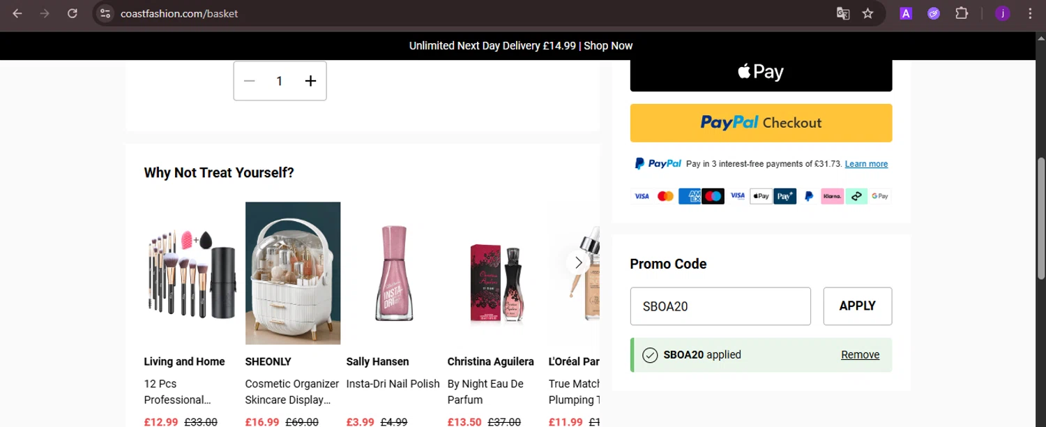 Coast discount code screenshot showing code SBOA20 applied at Coast checkout page. Uploaded by SimplyCodes community member CoinMaverick1452 on Aug 9, 2025