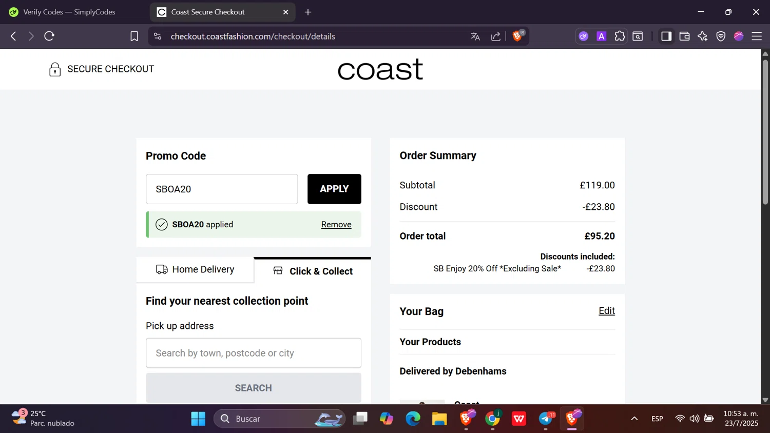 Coast discount code screenshot showing code SBOA20 applied at Coast checkout page. Uploaded by SimplyCodes community member Toji_fushiguro on Jul 23, 2025