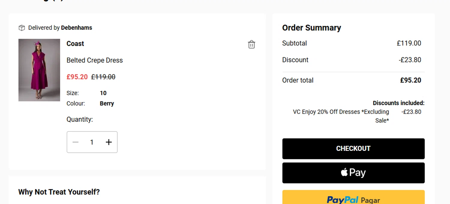 Coast discount code screenshot showing code CO20DRESS applied at Coast checkout page. Uploaded by SimplyCodes community member RebatePilot8693 on Aug 16, 2025