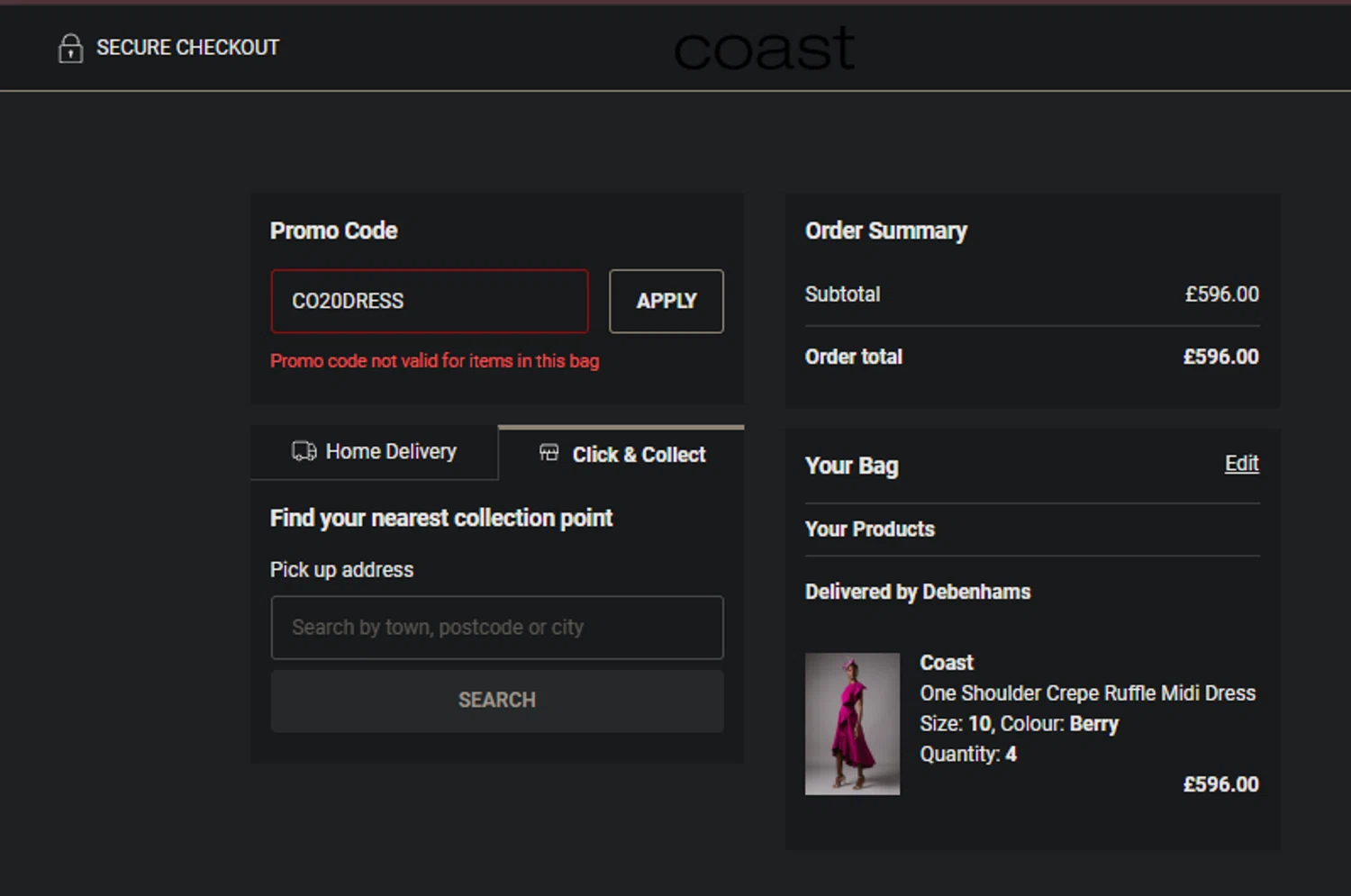 Coast discount code screenshot showing code CO20DRESS applied at Coast checkout page. Uploaded by SimplyCodes community member SpiderGwen on Jun 18, 2025