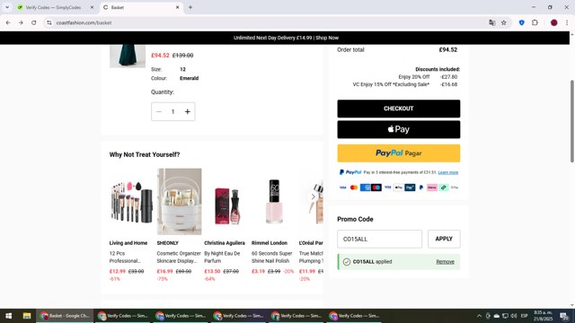 Coast checkout page showing Coast discount code box | Screenshot taken by SimplyCodes community member on Aug 21, 2025