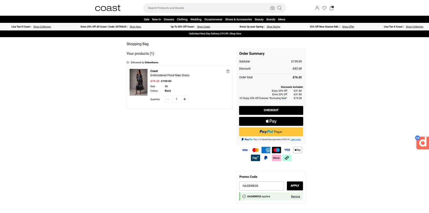 Coast discount code screenshot showing code OA20DRESS applied at Coast checkout page. Uploaded by SimplyCodes community member Dorothy on May 8, 2025