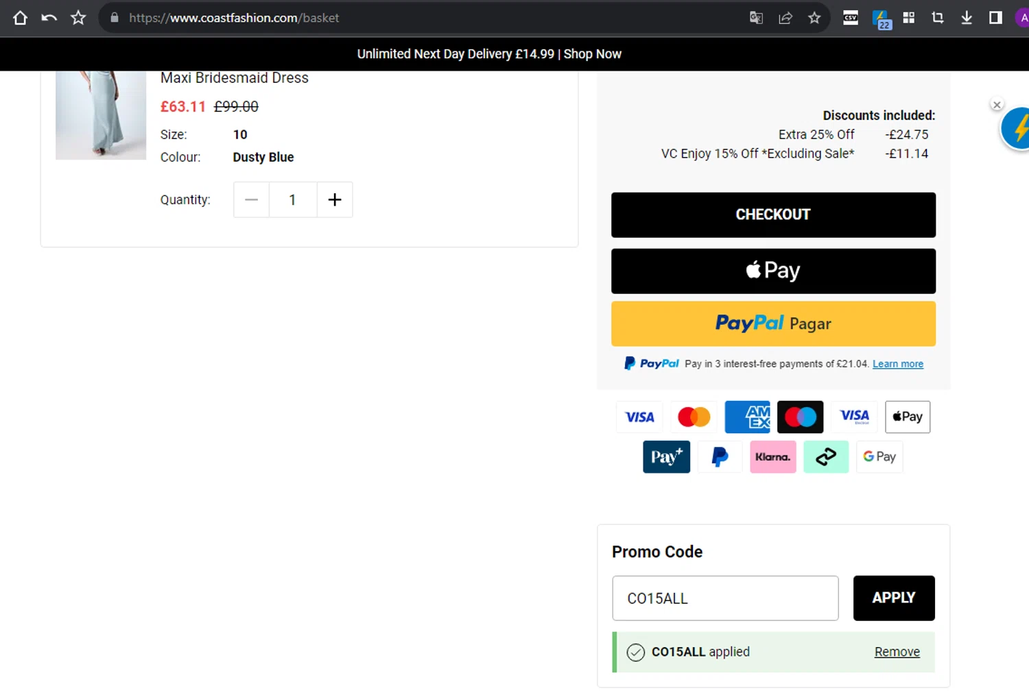 Coast discount code screenshot showing code CO15ALL applied at Coast checkout page. Uploaded by SimplyCodes community member LALOCOMOTORA10 on Jul 23, 2025