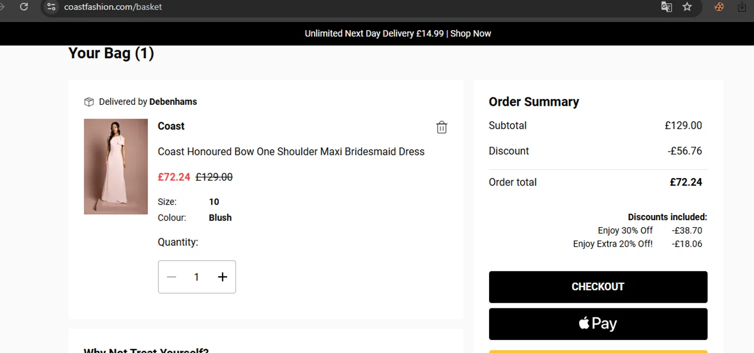Coast discount code screenshot showing code EXTRA20 applied at Coast checkout page. Uploaded by SimplyCodes community member javierprez on Aug 28, 2025