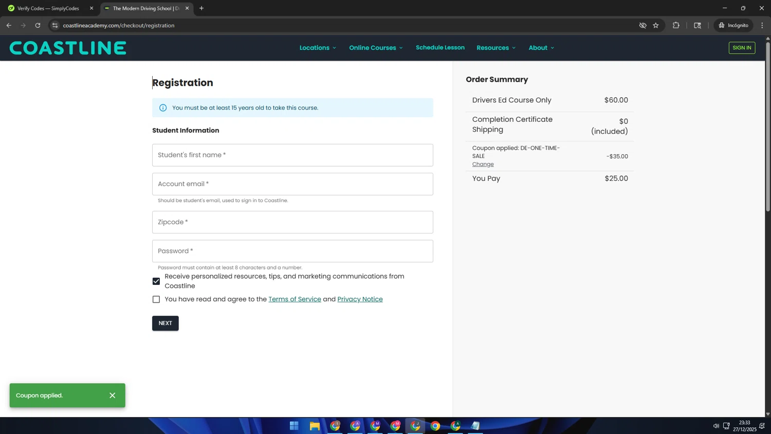 Coastline Academy coupon code screenshot showing code DE-ONE-TIME-SALE applied at Coastline Academy checkout page. Uploaded by SimplyCodes community member AVATIGRITO on Dec 28, 2025
