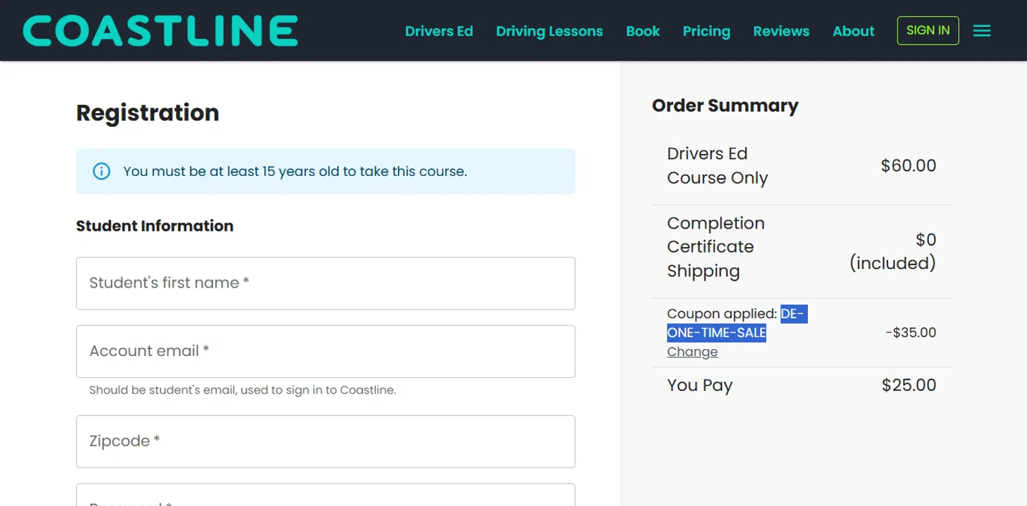 Coastline Academy coupon code screenshot showing code DE-ONE-TIME-SALE applied at Coastline Academy checkout page. Uploaded by SimplyCodes community member ESTHER3121 on Sep 25, 2025
