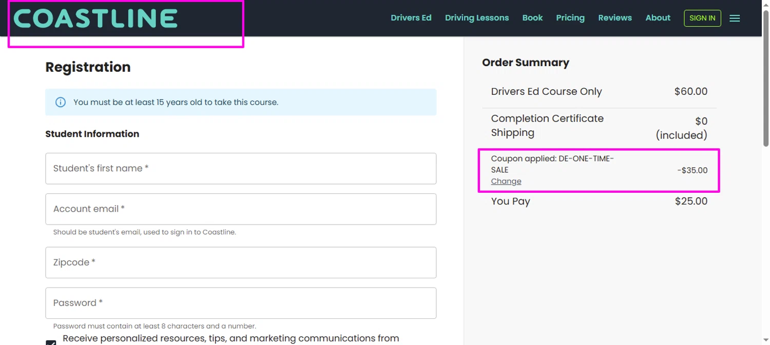 Coastline Academy coupon code screenshot showing code DE-ONE-TIME-SALE applied at Coastline Academy checkout page. Uploaded by SimplyCodes community member mrdarcy on Oct 1, 2025