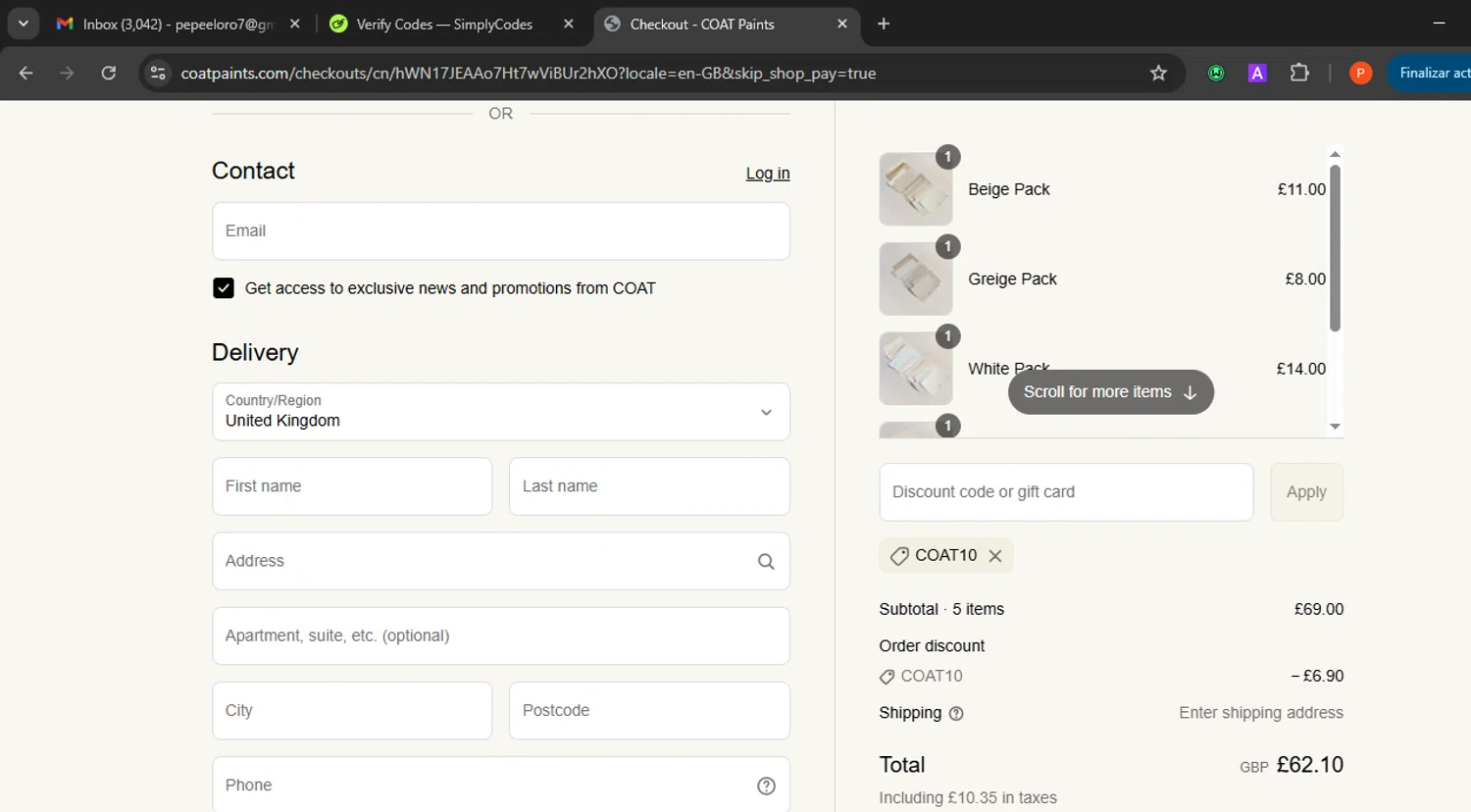 COAT Paints promo code screenshot showing code COAT10 applied at COAT Paints checkout page. Uploaded by SimplyCodes community member Eminem on Jul 27, 2025