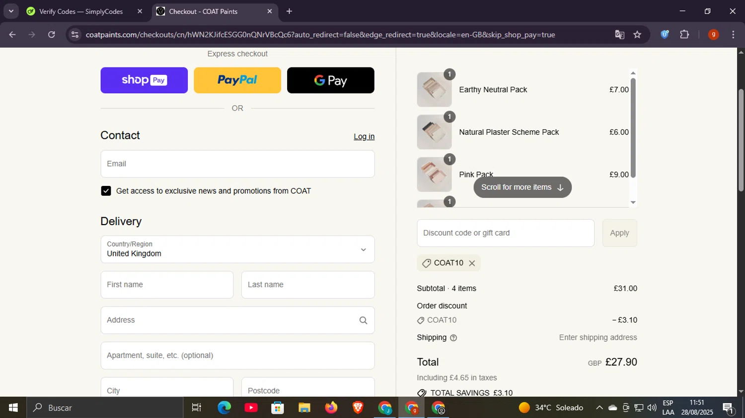 COAT Paints promo code screenshot showing code COAT10 applied at COAT Paints checkout page. Uploaded by SimplyCodes community member Scottcawthon on Aug 28, 2025