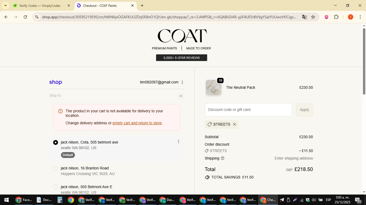 COAT Paints promo code screenshot showing code STREET5 applied at COAT Paints checkout page. Uploaded by SimplyCodes community member ShrewdAce8338 on Dec 25, 2025