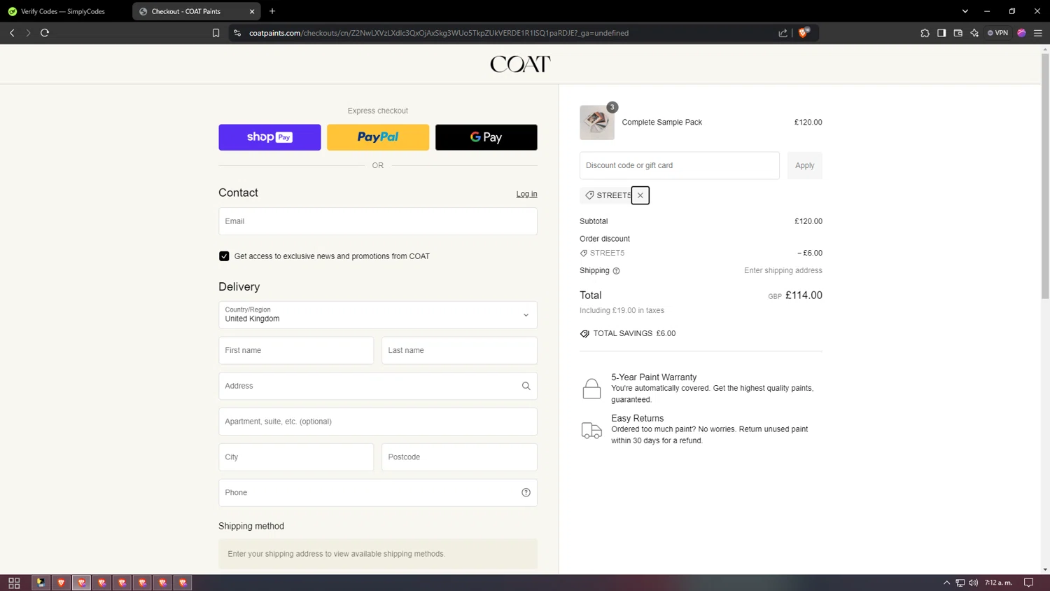 COAT Paints promo code screenshot showing code STREET5 applied at COAT Paints checkout page. Uploaded by SimplyCodes community member jakycham2020 on Jan 10, 2025