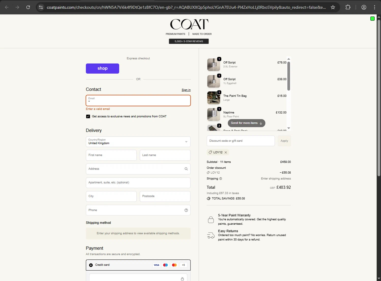 COAT Paints promo code screenshot showing code LOY12 applied at COAT Paints checkout page. Uploaded by SimplyCodes community member Aljondris97 on Nov 11, 2025