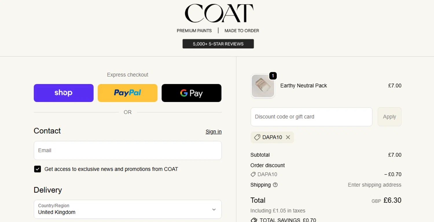 COAT Paints promo code screenshot showing code DAPA10 applied at COAT Paints checkout page. Uploaded by SimplyCodes community member shark12 on Oct 8, 2025