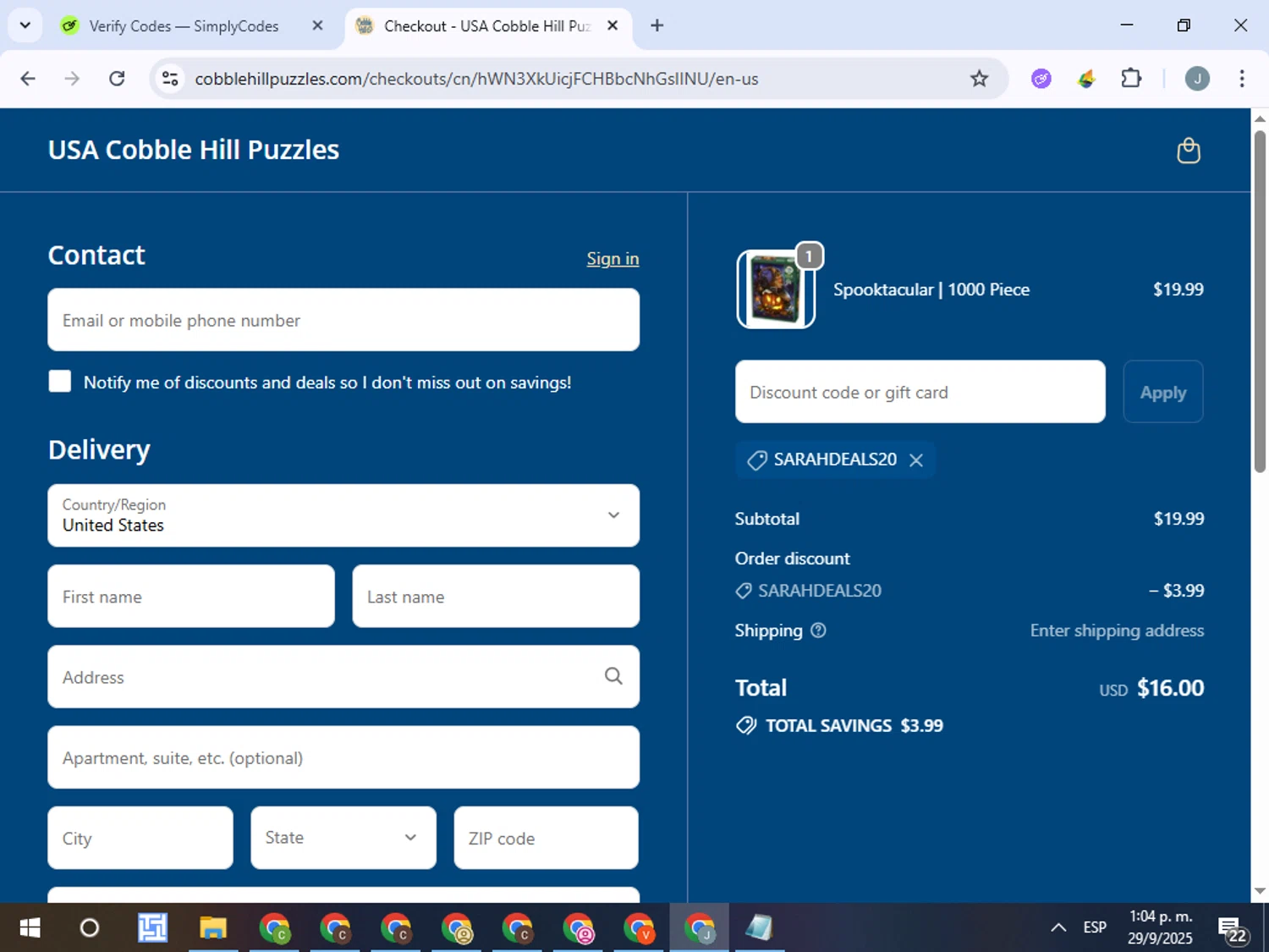 Cobble Hill discount code screenshot showing code SARAHDEALS20 applied at Cobble Hill checkout page. Uploaded by SimplyCodes community member ValueTracker8384 on Sep 29, 2025