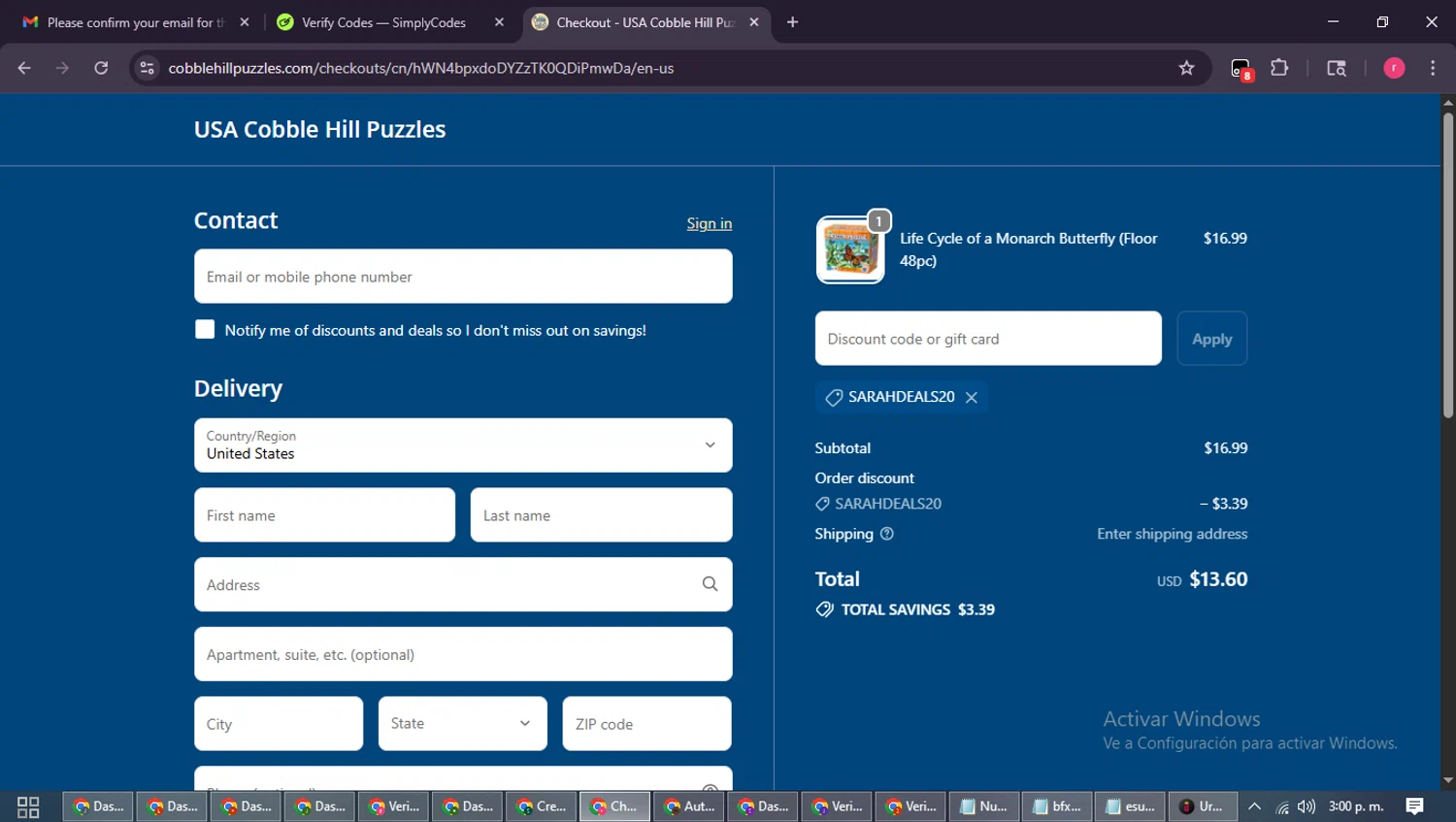 Cobble Hill discount code screenshot showing code SARAHDEALS20 applied at Cobble Hill checkout page. Uploaded by SimplyCodes community member WisePro3739 on Oct 27, 2025