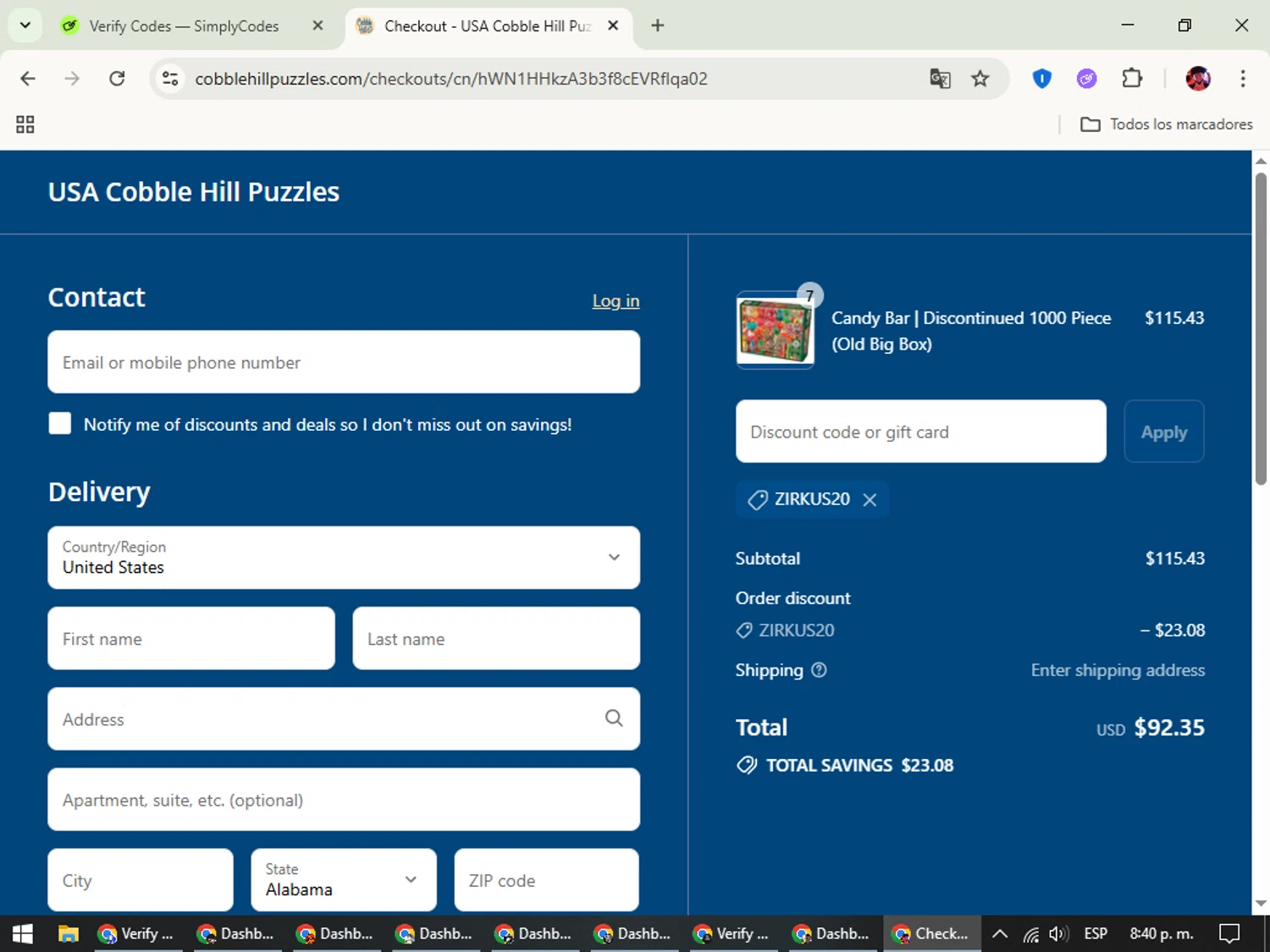 Cobble Hill discount code screenshot showing code ZIRKUS20 applied at Cobble Hill checkout page. Uploaded by SimplyCodes community member SavingsEagle5772 on Aug 1, 2025