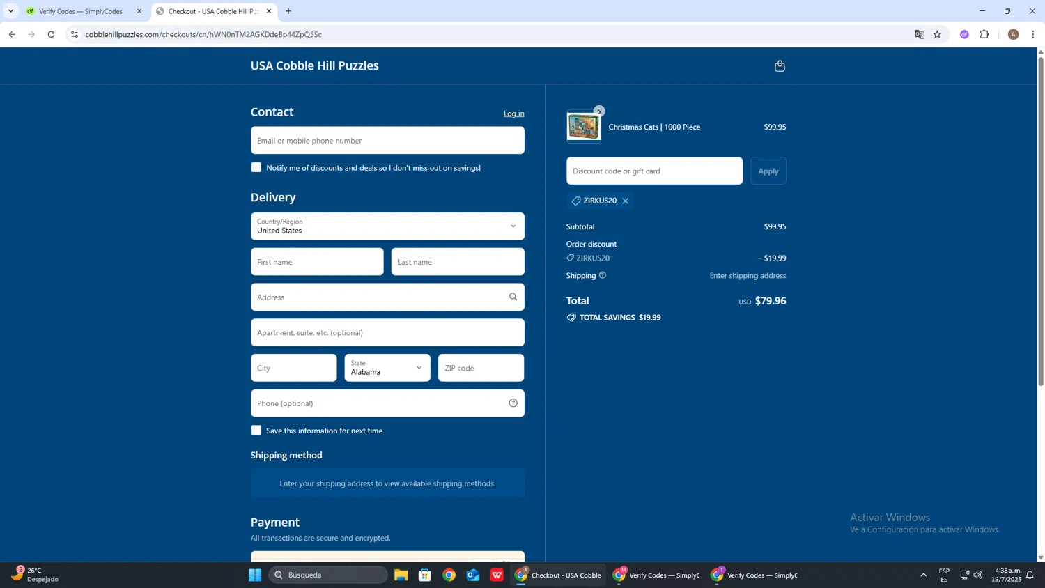 Cobble Hill discount code screenshot showing code ZIRKUS20 applied at Cobble Hill checkout page. Uploaded by SimplyCodes community member SwiftSage2309 on Jul 19, 2025