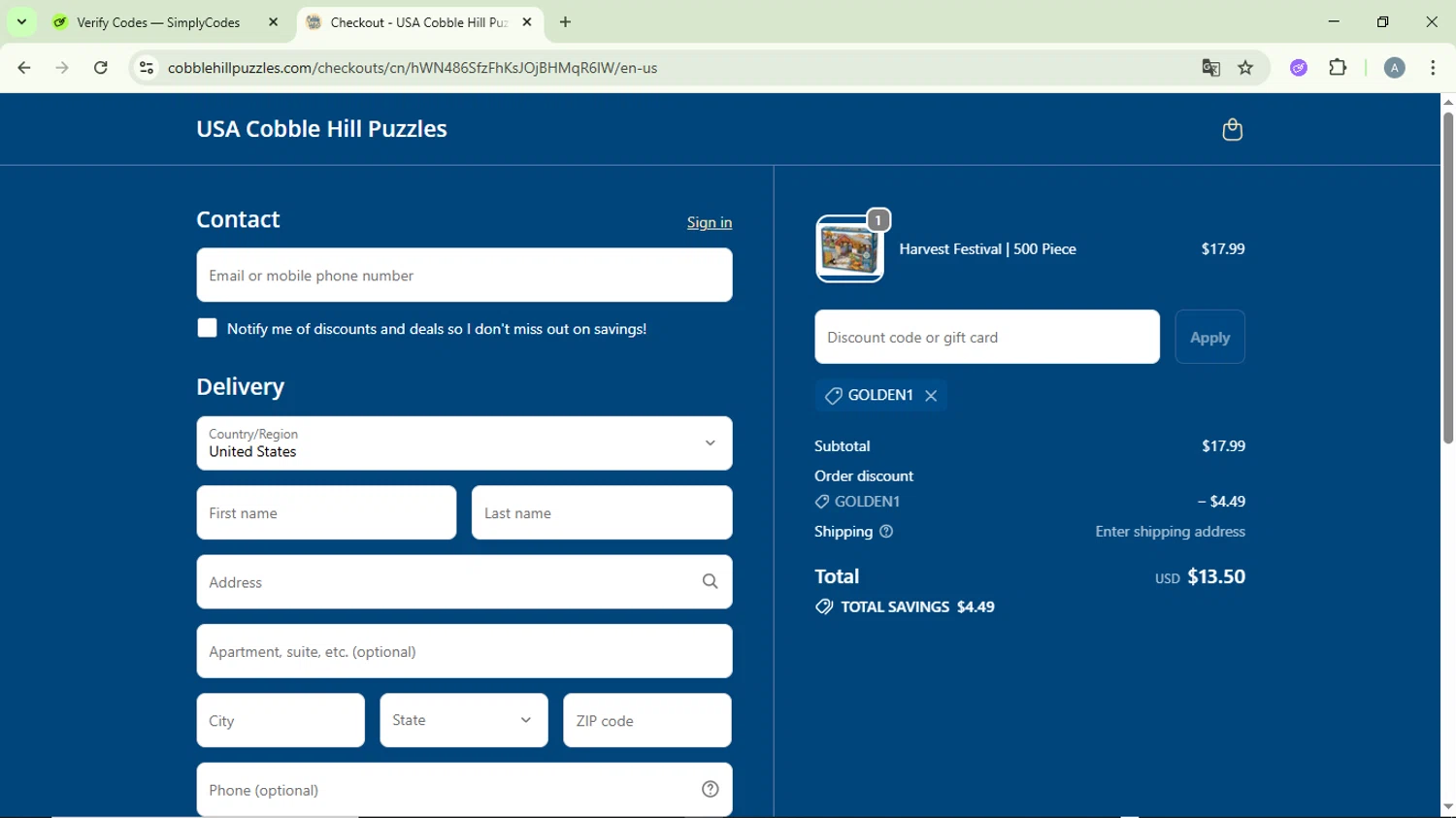 Cobble Hill discount code screenshot showing code GOLDEN1 applied at Cobble Hill checkout page. Uploaded by SimplyCodes community member DiscountVirtuoso6243 on Oct 15, 2025
