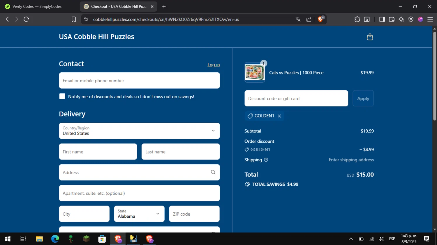 Cobble Hill discount code screenshot showing code GOLDEN1 applied at Cobble Hill checkout page. Uploaded by SimplyCodes community member Pitochu on Sep 8, 2025