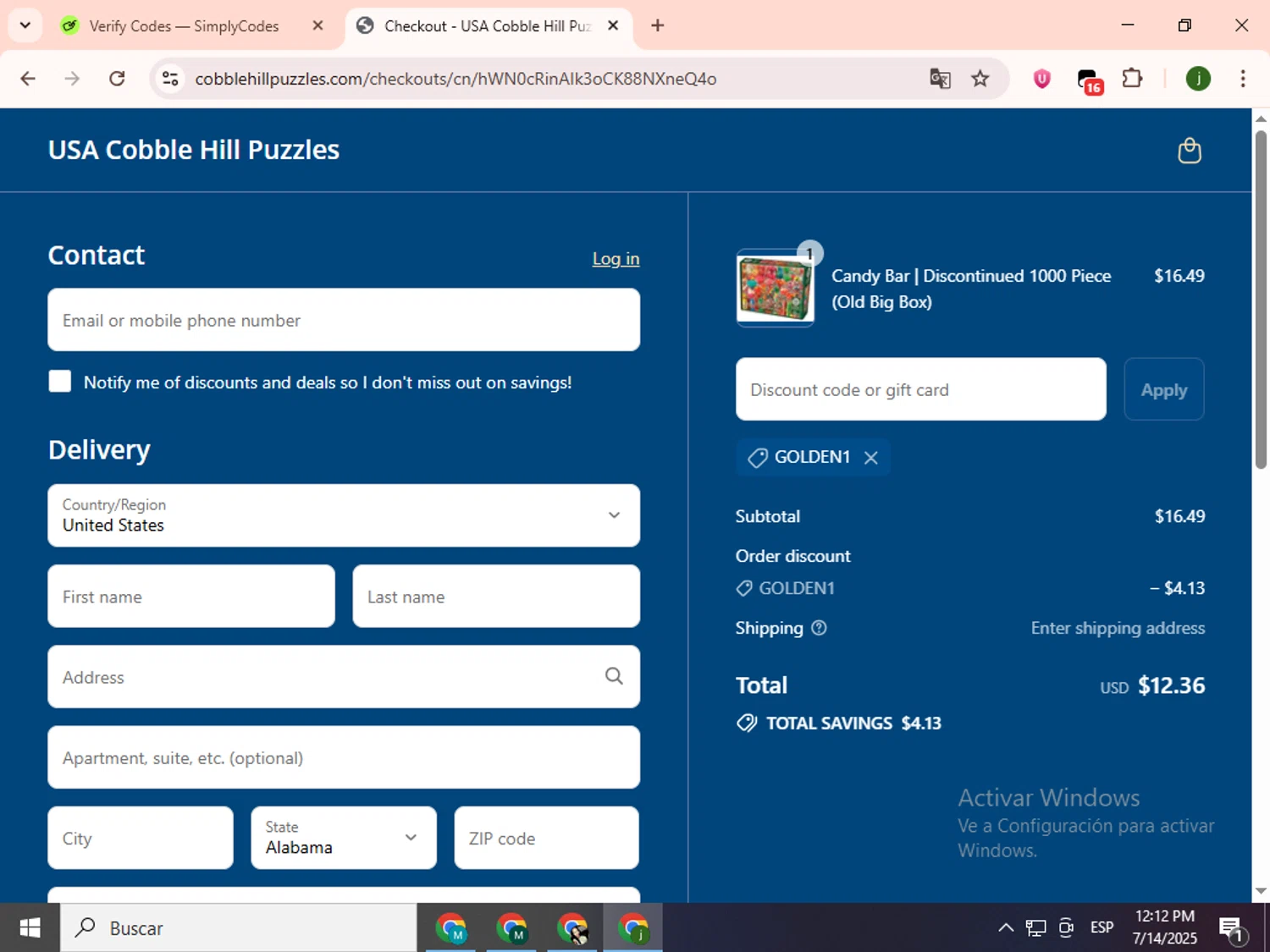 Cobble Hill discount code screenshot showing code GOLDEN1 applied at Cobble Hill checkout page. Uploaded by SimplyCodes community member SavingsCollector2592 on Jul 14, 2025
