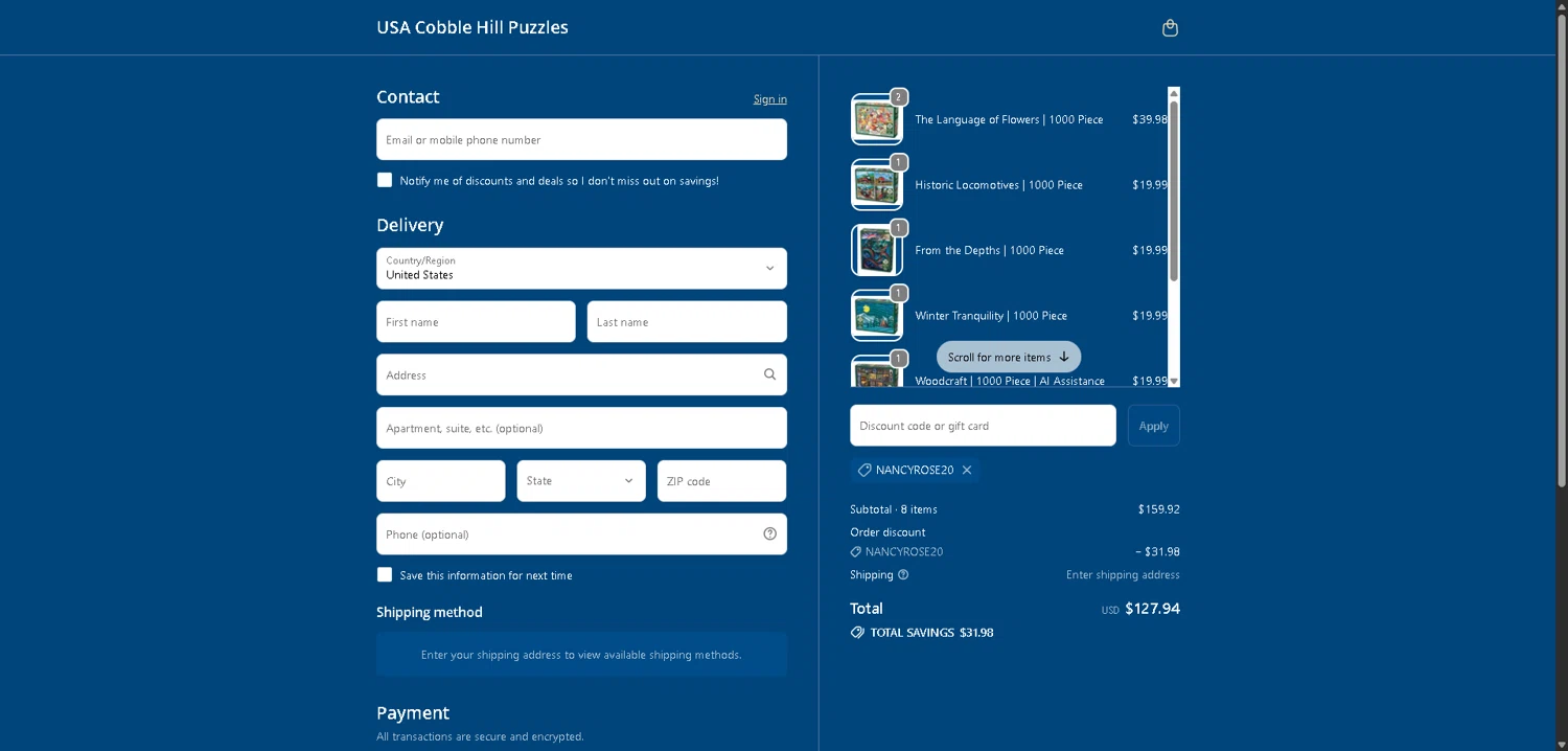 Cobble Hill discount code screenshot showing code NANCYROSE20 applied at Cobble Hill checkout page. Uploaded by SimplyCodes community member VoucherHero1009 on Dec 24, 2025